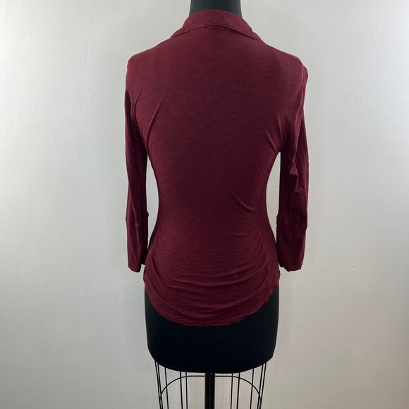JAMES PERSE Burgundy 1 Panel Top Cotton Button-Up Collar 3/4 Sleeve Flap Pockets - Picture 6 of 9